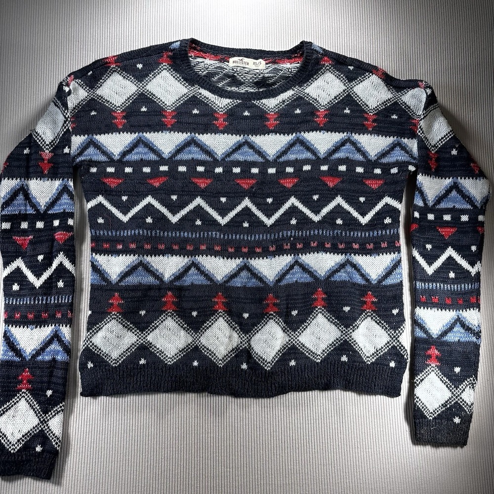 Hollister Women's Sweater Festive Geometric Fair Isle‎ Blue Red White Retro XS/S